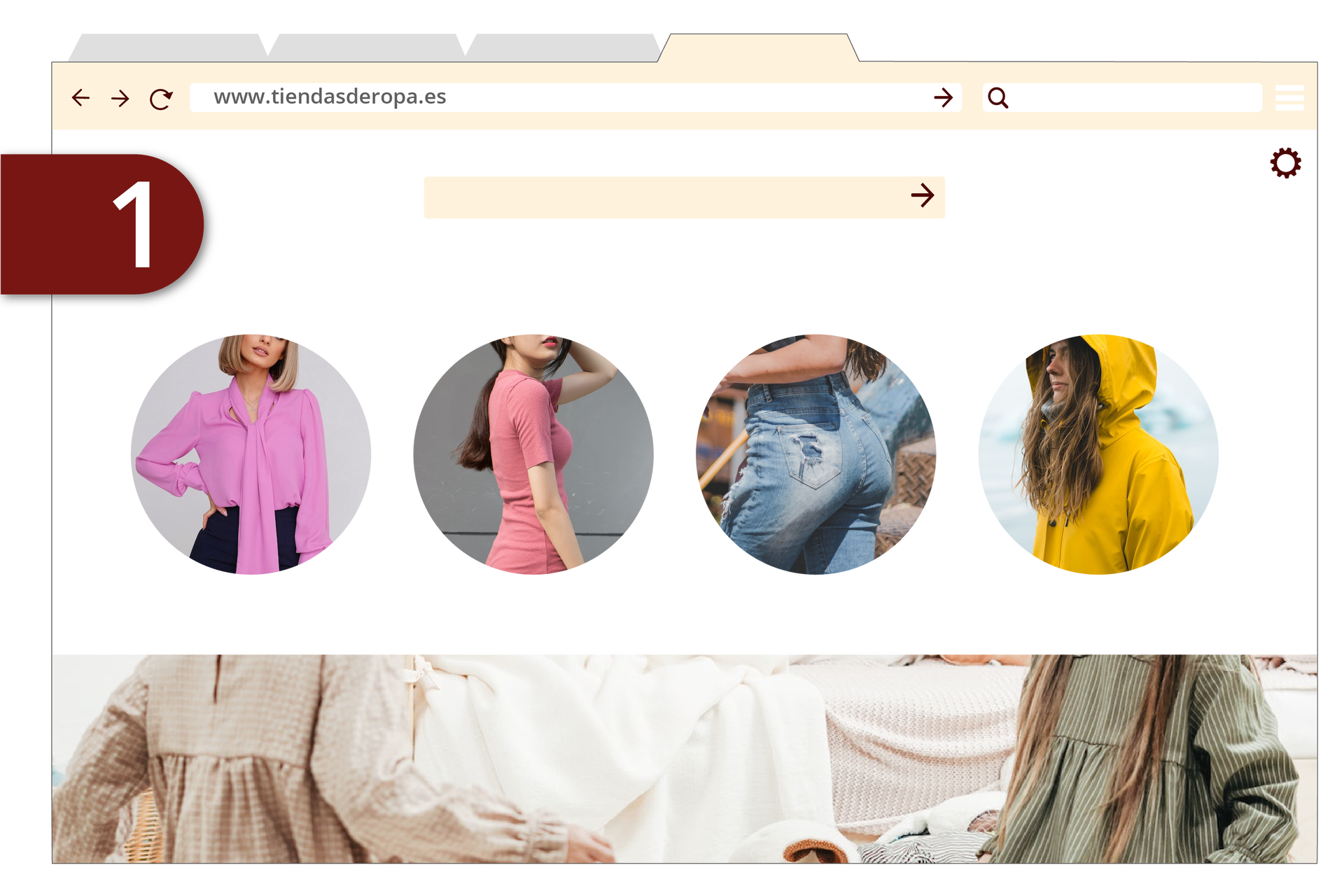 Grafika numer jeden przedstawia przeglądarkę internetową z wpisanym adresem www.tiendasderopa.es. Widoczne są ubrania kobiece: elegancka bluzka w kolorze fuksji, różowa koszulka na krótki rękaw, niebieskie dżinsy, żółta bluza z kapturem. Poniżej lniane koszule.