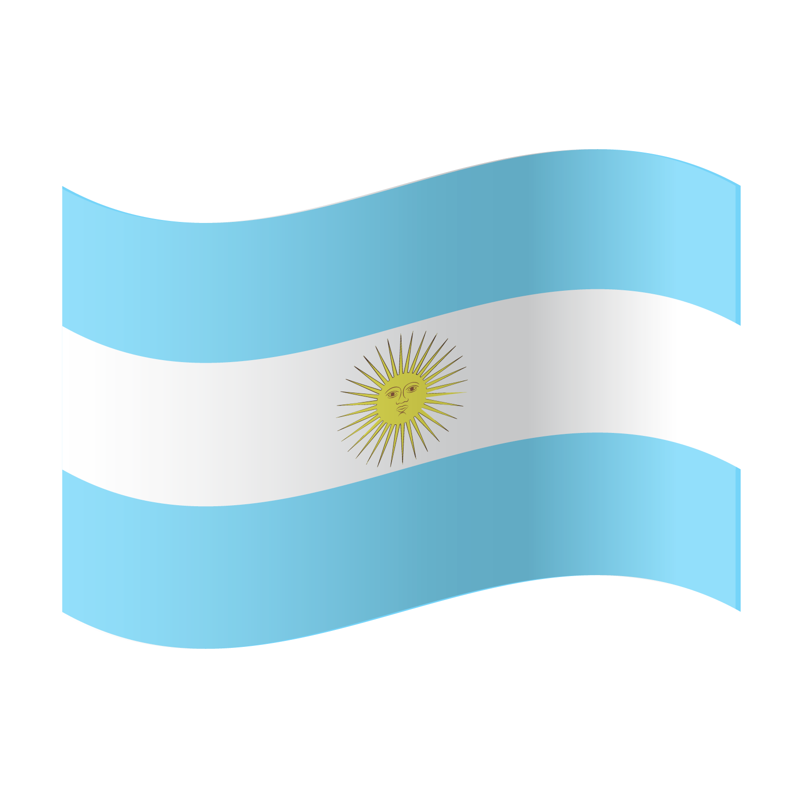Ilustracja przedstawia flagę Argentyny w trzy poziome,  pasy: niebieski, biały i niebieski. Na środkowym znajduje się słońce.