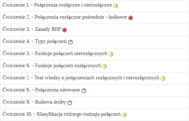 Przykładowy wygląd zakładek, zawierających interaktywne materiały sprawdzające. Obok treści widoczne oznaczenia poziomu trudności zadania w postaci sześciokątów. Pierwszy jest zielony, środek ikonki jest biały z jednym fragmentem zielonym. Fragment jest trójkątny i jego podstawę tworzy jeden bok sześciokąta. Druga ikonka jest żółta. Jej jedna połowa jest biała, a druga żółta. Trzecia ikona jest czerwona. Cały jej środek jest czerwony.