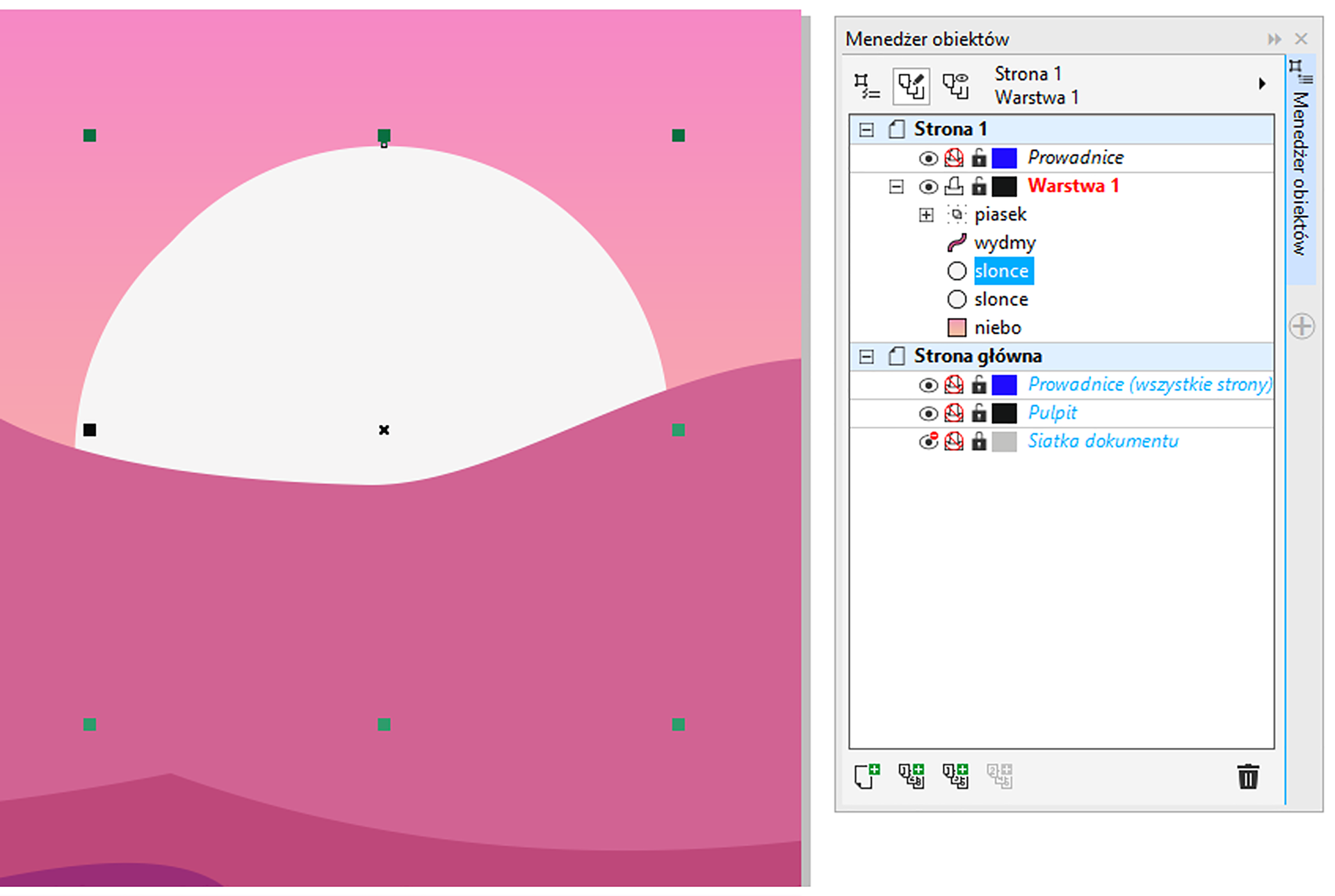 Zdjęcie przedstawia "Menedżer obiektów" po prawej stronie: okno po prawej: "Strona 1" (rozwinięte):   "Prowadnice",   na czerwono "Warstwa 1" (rozwinięte):     "pasek" (zwinięte menu)     "wydmy",     "slonce" (oznaczono),     "slonce",     "niebo";     (koniec menu "Warstwa 1"),   (koniec menu "Prowadnice"), (koniec menu "Strona 1") "Strona główna" (rozwinięte):   "Prowadnice (wszystkie strony)",   "Pulpit",   "Siatka dokumentu", (koniec menu "Strona główna"). Gradient kolorów od pomarańczowego do różowego, idący od dołu ku górze w tle. Na gradiencie ułożono kształty:   1 kształt jest ciemniejszy przypomina opadające fale morskie,   2 kształt jest lekko jaśniejszy, lecz nadal ciemniejszy od tła,     jest to prosta linia na górze, która wznosi się do pojedynczego wierzchołka znajdującego się po środku ekranu, następnie opada tak samo jak wzrostła.   3 kształt to wielki falujący górną krawędzią obszar,     którego dolne krawędzie to 3 ścianki prostokąta.     Obszar umieszono pod poprzednimi.   4 kształt to słońce, które umieszczono w tle, za wydmami,     jest białym kołem.