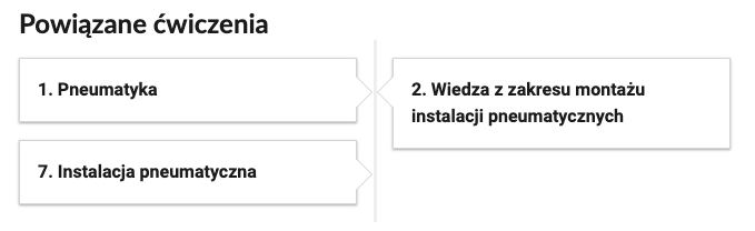 Widok przykładowego przycisku ćwiczeń powiązanych z danym multimedium. na górze widnieje napis: Powiązane ćwiczenia. 
Od góry znajdują się przyciski: ćwiczenie pierwsze. Pneumatyka. Poniżej ćwiczenie siódme. Instalacje pneumatyczne. Obok ćwiczenie drugie. Wiedza z zakresu montażu instalacji pneumatycznych.