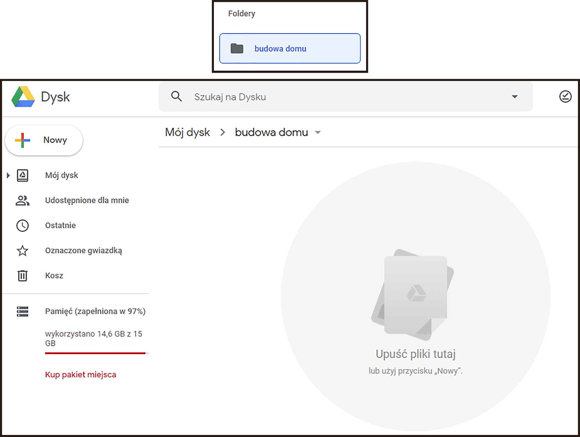 Ilustracja składająca się z dwóch części. Pierwsza część to segment Foldery. Jest w nim folder budowa domu. Druga część przedstawia interfejs Dysku Google po wejściu w folder budowa domu. Po lewej znajduje się kolumna z menu oraz informacje o ilości wolnego miejsca na dysku. Na górze jest pole do wyszukiwania.    