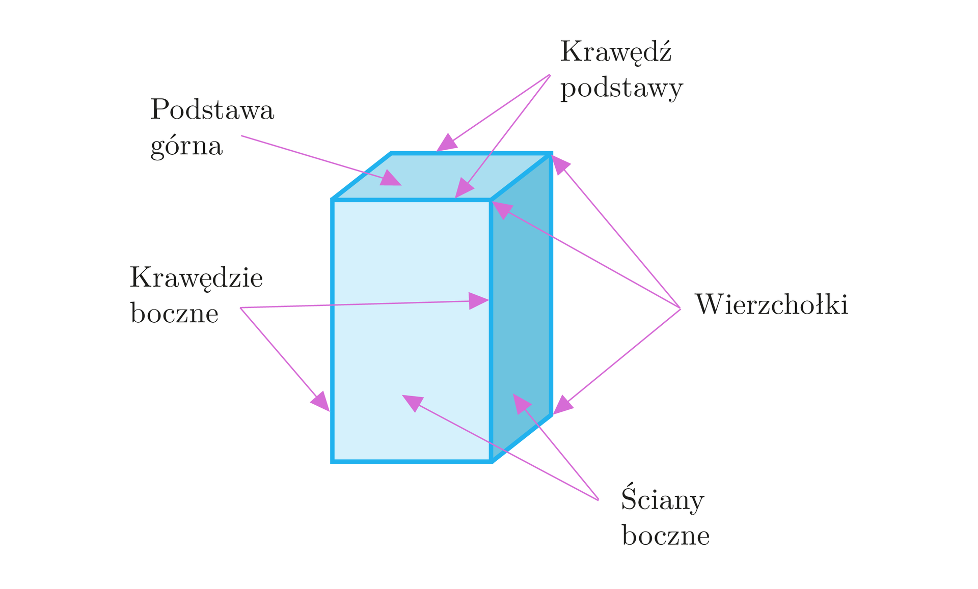 Na ilustracji przedstawiono prostopadłościan. Podpisano, oraz wskazano jego następujące elementy, krawędzie podstawy, podstawa górna, podstawa dolna, krawędzie boczne, ściany boczne, oraz wierzchołki.