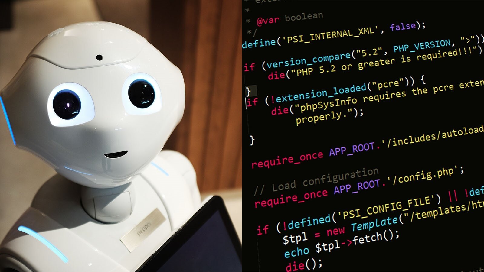 Ilustracja składa się z dwóch zdjęć. Po lewej widoczny robot zbudowany z białego tworzywa posiadający czarne okrągłe oczy i otwór przypominający usta. Po  prawej widoczny ekran komputera zawierający skomplikowane rzędy cyfr, znaków i liter.