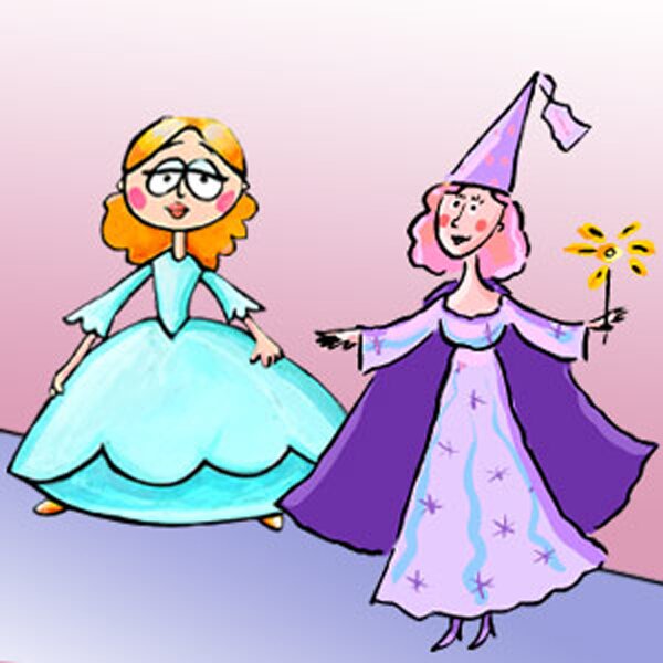 Kolorowy rysunek przedstawia piękną dziewczynę w balowej sukience i wróżkę, która trzyma w ręku czarodziejską różdżkę. Wróżka ma na głowie spiczastą czapkę, jest ubrana w długą suknię, na plecach ma pelerynę.
