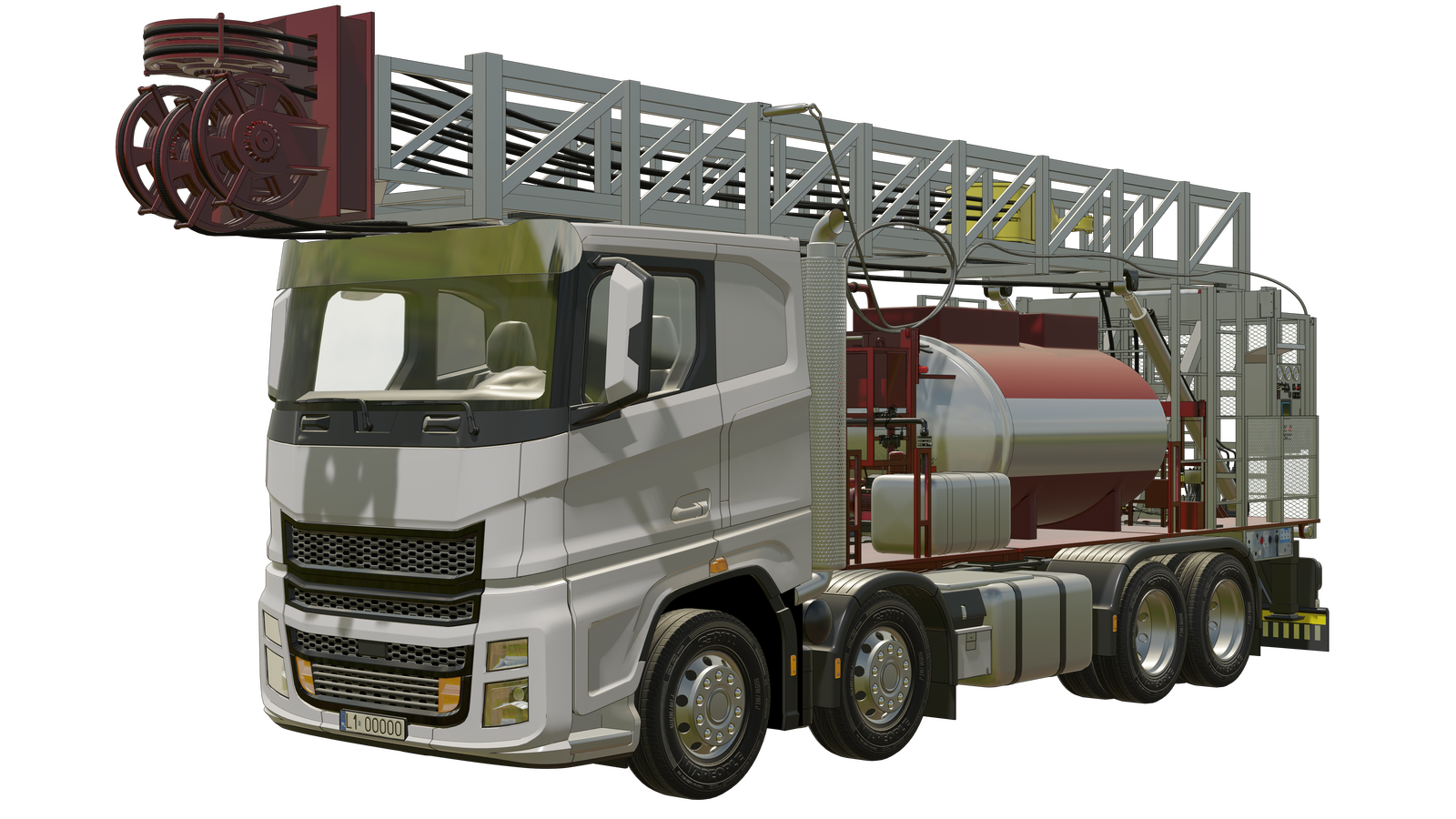 Na zdjęciu przedstawione jest urządzenie obróbcze typu Flushby. Jest to ciężarówka. Pojazd przedstawiony jest pod kątem i jest w większości białego koloru. Przez drabinę znajdującą się na dachy kabiny samochodu przypomina ona wóz strażacki. Na lewym końcu drabiny znajduje się czerwona część z czterema kołowrotkami. Na kołowrotkach zaczepione są czarne liny poprowadzone środkiem drabiny do tylnej części maszyny. Podwójny kołowrotek znajduje się u góry i jest ustawiony poziomo, pod nim znajdują się obok siebie pozostałe trzy w orientacji pionowej. Pojazd ma cztery koło z każdej strony. Pomiędzy pierwszymi dwoma, a dwoma tylnymi znajduje się szary zbiornik o kształcie prostopadłościanu. Tuż za kabiną kierowcy znajduje się czerwono‑szara konstrukcja. Jest to zbiornik w kształcie figury z podstawą w kształcie elipsy ułożony na boku. Przed zbiornikiem znajdują się rury oraz zawory. W górnej części zbiornika znajdują się dwa prostokątne wypustki. Tuż nad zbiornikiem widoczna jest szara lina łącząca drabinę z tyłem pojazdu. Nad zbiornikiem jest ona zaokrąglona. Za zbiornikiem znajduje się szara konstrukcja będąca podstawą drabiny. Składa się ona z drabinek, podnośnika drabiny oraz szarej skrzynki. Na skrzynce znajdują się trzy tarcze manometru oraz wiele przycisków i pokręteł. Na samym końcu umiejscowiona jest szara siatka zakrywająca tył pojazdu. Z tyłu pojazdu znajduje się zderzak. Między ostatnim kołem, a zderzakiem znajduje się panel z przyciskami.