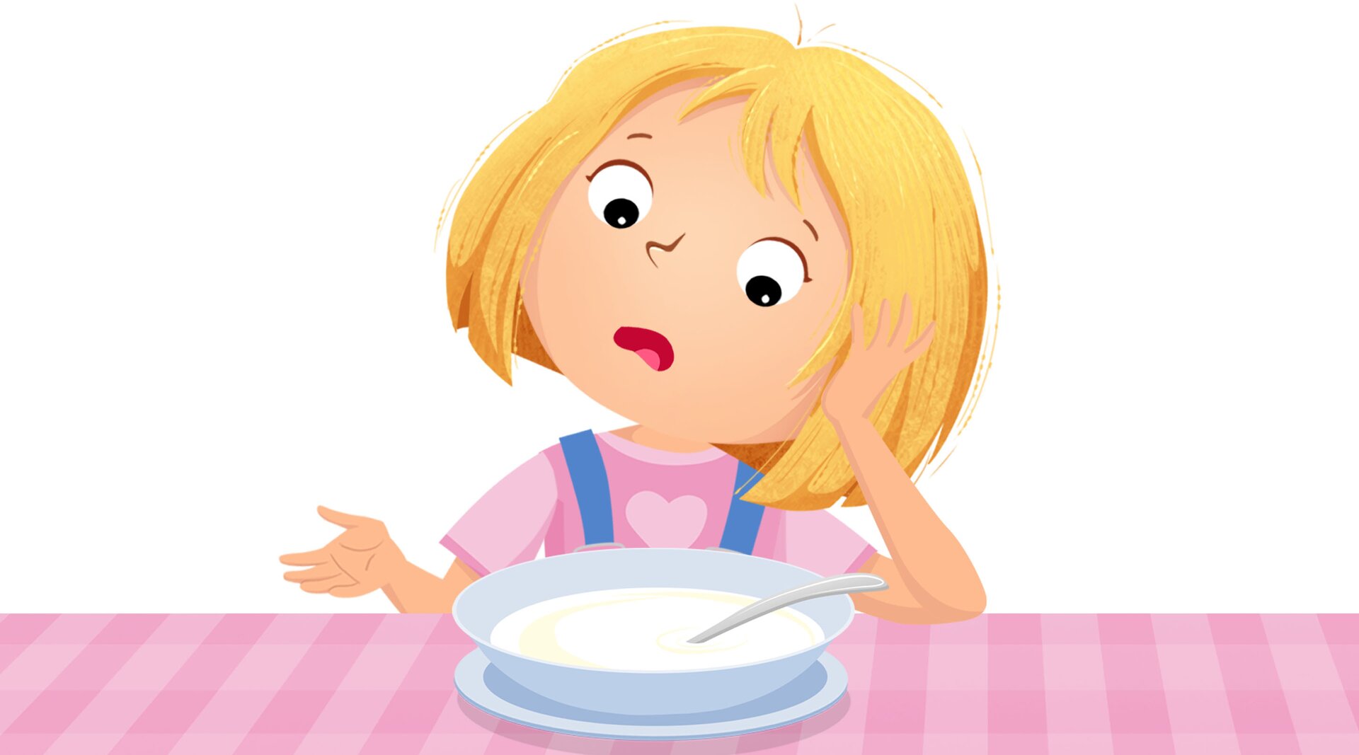 Na ilustracji znajduje się niezadowolona dziewczynka siedząca przy stole. Na stole stoi talerz pełen zupy.