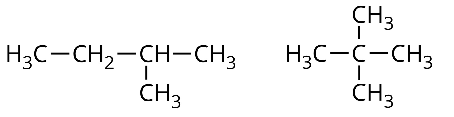 Ilustracja przedstawiająca dwa wzory półstrukturalne. Pierwszy stanowi 2-metylobutanu zbudowany z grupy CH3 połączonej z grupą CH związaną z grupą metylową CH3 oraz z grupą CH2 podstawioną grupą CH3. Druga cząsteczka to 2,2-dimetylopropan, który to zbudowany jest z trzech kolejno połączonych ze sobą atomów węgla, z których pierwszy i trzeci łączą się każdy z trzema atomami wodoru. Środkowy atom węgla z kolei łączy się z dwiema grupami metylowymi CH3.