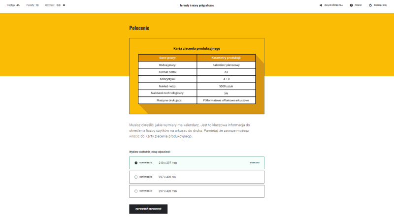 Grafika przedstawia panel gry z pytaniem sprawdzającym, opcjami odpowiedzi do wyboru oraz przyciskiem sprawdzenia odpowiedzi.