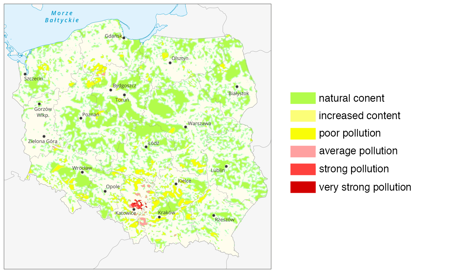 Ilustracja przedstawia mapę geograficzną na której jest ukazane zanieczyszczenie gleby metalami ciężkimi w Polsce. Na mapie przedstawionych jest sześć poziomów zanieczyszczeń. Największe zanieczyszczenia oznaczone kolorem czerwonym znajdują się na śląsku w okolicach Katowic. Nieco mniejsze ale również silne zanieczyszczenia oznaczone kolorem jasno czerwonym znajdują się również w okolicach Śląska w nieco dalszej odległości od Katowic niż pierwsza grupa zanieczyszczeń. Ta sama sytuacja dotyczy trzeciej grupy zanieczyszczeń oznaczonych kolorem różowym. Zanieczyszczenie średniego stopnia oznaczone kolorem mocno żółtym znajdują się w okolicach Krakowa, Wrocławia, Opola, Kielc, Katowic, pomiędzy Warszawą, a Łodzią oraz ponad Bydgoszczą. Podobnie wygląda sytuacja z zanieczyszczeniami oznaczonymi kolorem jasno żółtym. Natomiast zanieczyszczenia najsłabsze oznaczone kolorem zielonym znajdują się w różnym nasileniu rozmieszczone po terenie całej Polski.