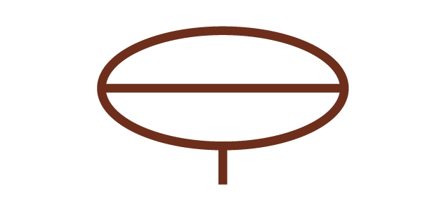 Grafika przedstawia symbol naczynia przeponowego. Składa się z elipsy, która w połowie podzielona jest poziomą linia. Pod elipsą krótka, pionowa linia.
