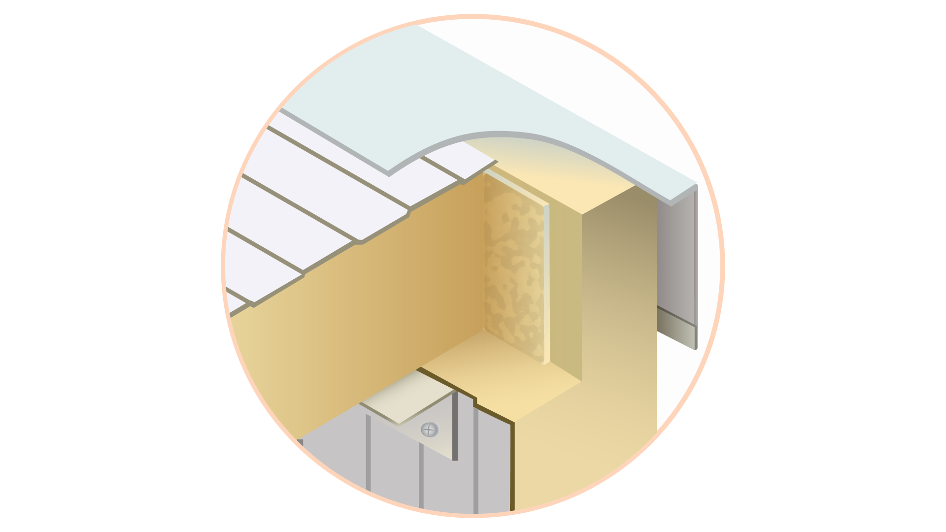 Grafika przedstawia błędnie wykonaną izolację zimnochronną zewnętrznych ścian chłodni z uwzględnieniem punktu rosy - brak uszczelnienia styku wełny i blachy materiałem butylowym. Grafika zawiera izolację budynku wykonaną z warstwy wełny i pokrywającej jej blachy. Uszczelnienie całości jest jednak niewystarczające. 