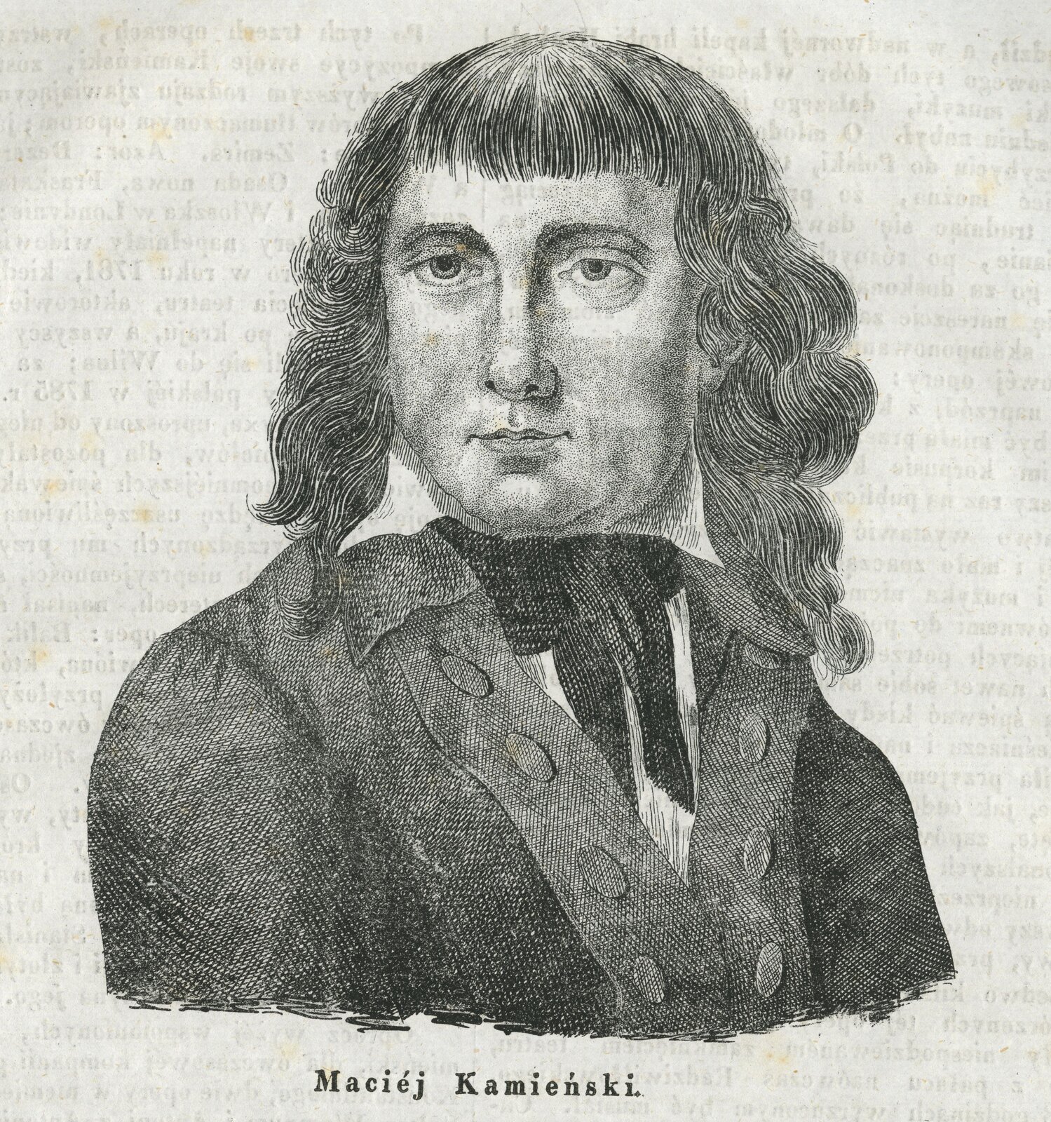 Ilustracja przedstawia portret Macieja Kamieńskiego polskiego kompozytora i pedagoga słowackiego pochodzenia. Na ilustracji widoczny jest mężczyzna z kręconymi włosami do ramion. Postać ubrana jest w ciemny frak oraz jasną koszulę z przeplecioną apaszką pod szyją. Kompozytor ukazany jest od pasa w górę oraz w pozycji frontalnej (en face).