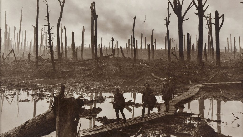 Fotografia czarno-biała przedstawiająca żołnierzy 4. Brygady Artylerii Polowej. W tle stoją spalone drzewa. Kilku żołnierzy przechodzi przez kładkę pośród zgliszczy lasu i bagna.