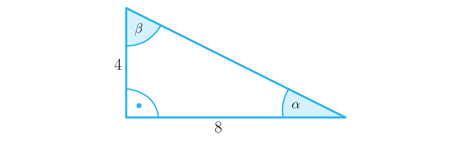 Rysunek przedstawia trójkąt prostokątny o  pionowej przyprostokątnej o długości 4 oraz o podstawie o długości 8. Zaznaczono także kąty wewnętrzne trójkąta. Kąt prosty między pionową a poziomą przyprostokątną, kąt α między podstawą trójkąta a jego przeciwprostokątną oraz kąt β między pionową przyprostokątną a jego przeciwprostokątną.
