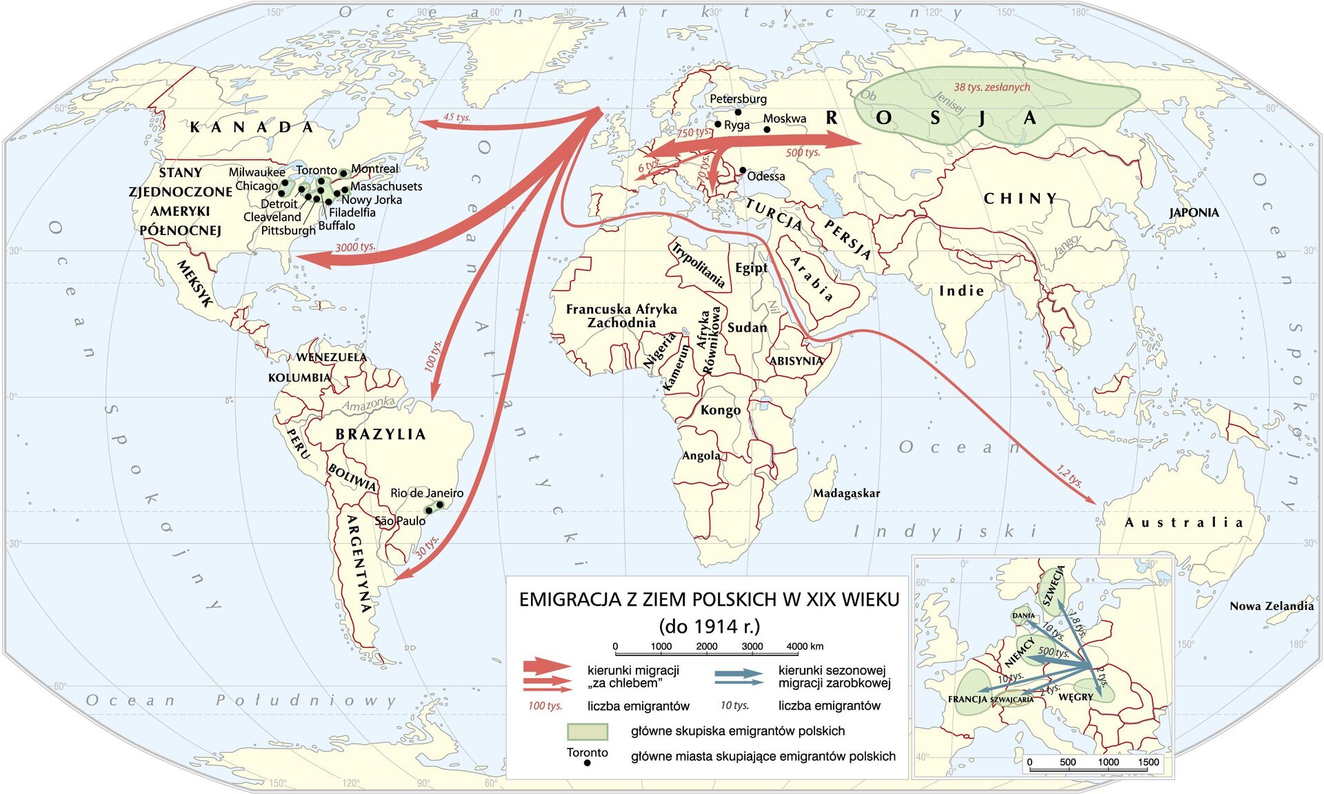 Mapa świata ukazująca emigrację z ziem polskich w XIX wieku do 1914 roku. Główne skupiska emigrantów polskich to: Syberia w Rosji (38 tysięcy zesłanych), północno-wschodnia część USA z miastami Chicago i Nowy Jork, południowo-wschodnia część Kanady przy granicy z USA w miastach Toronto i Montreal, Rio De Janeiro w Brazylii, Szwecja, Dania, Niemcy, Węgry, Szwajcaria. Zaznaczone są kierunki sezonowej migracji zarobkowej w Europie do następujących krajów: Francja (10 tysięcy), Szwajcaria (2 tysiące), Węgry (2 tysiące), Niemcy (500 tysięcy), Szwecja (1,8 tysiąca), Dania (10 tysięcy). Zaznaczone są kierunki migracji za chlebem do następujących krajów: Rosja (500 tysięcy), Europa Zachodnia (750 tysięcy i 6 tysięcy), Europa Południowa (70 tysięcy), USA (3000 tysięcy), Kanada (45 tysięcy), Brazylia (100 tysięcy), Argentyna (30 tysięcy).