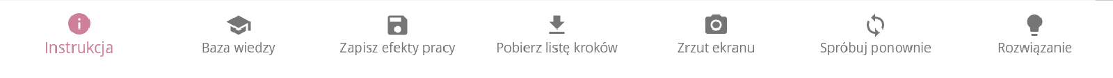 Grafika przedstawia pasek z opcjami programu do projektowania takimi jak: instrukcja, baza wiedzy, zapisanie pracy czy pokazanie rozwiązania.