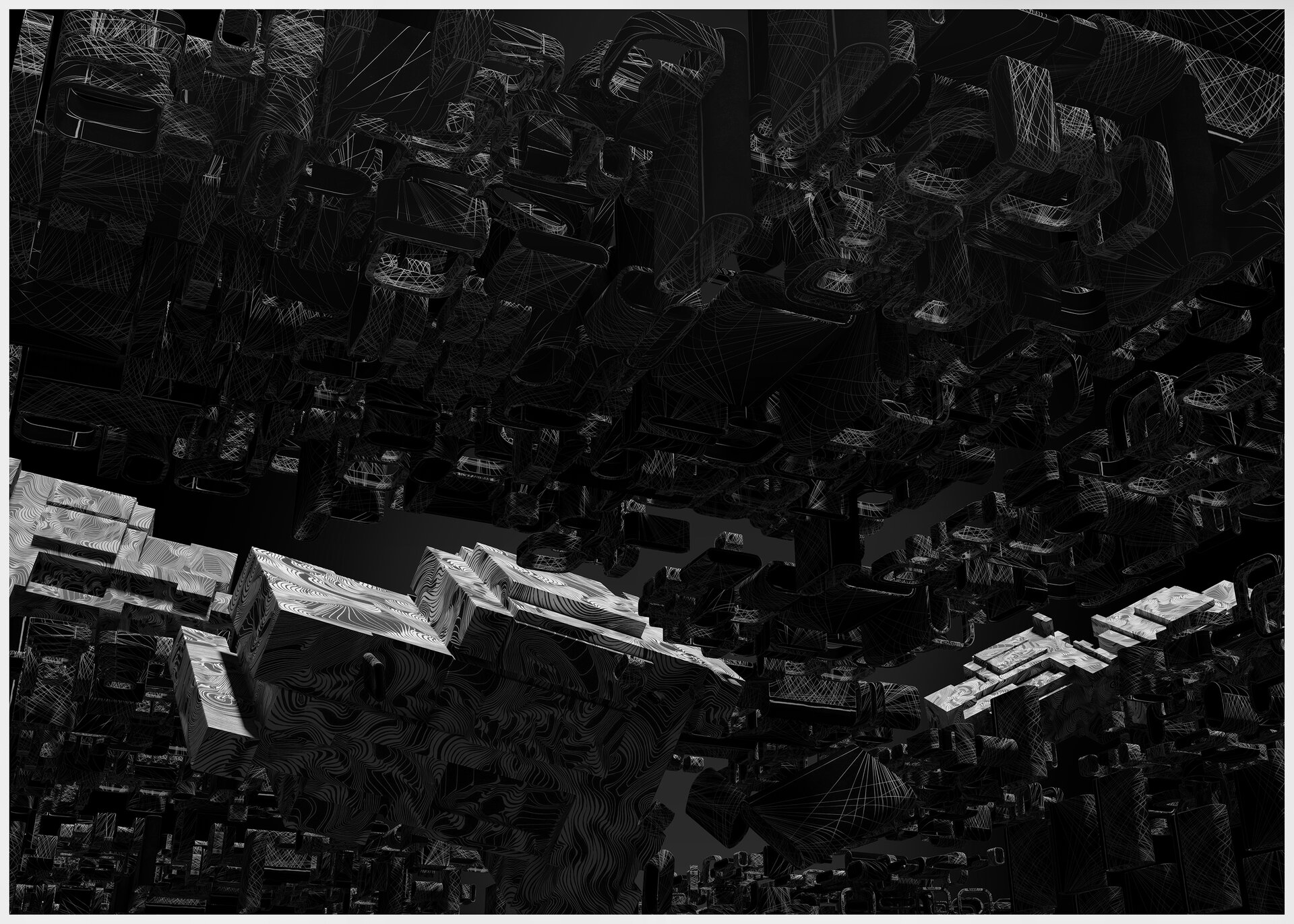 Ilustracja przedstawia obraz Jakuba Jaszewskiego „XRYT‑002”. Ukazuje geometryczne elementy ujęte perspektywiczne z różnych punktów widzenia, z wolną przestrzenią w środkowej części. Kąt widzenia sprawia, że elementy tworzą trójwymiarowy obraz. Wśród nich wyróżniają się białe kształty we wzory.