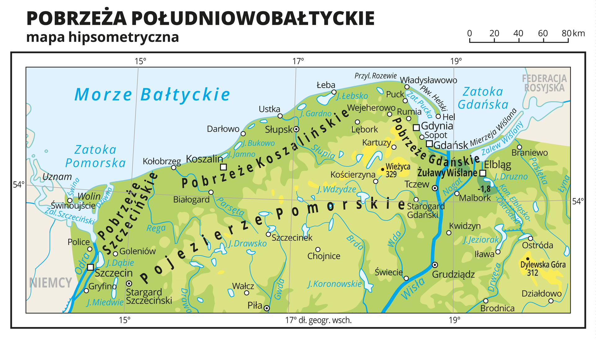 Ilustracja przedstawia mapę hipsometryczną Pobrzeży Południowobałtyckich na terenie Polski. Na mapie dominuje kolor zielony oznaczający niziny. Oznaczono i opisano miasta, rzeki, jeziora i szczyty. Opisano pobrzeża i pojezierza, morze, zatoki i wyspy. Opisano państwa sąsiadujące z Polską. Dookoła mapy w białej ramce opisano współrzędne geograficzne co dwa stopnie.