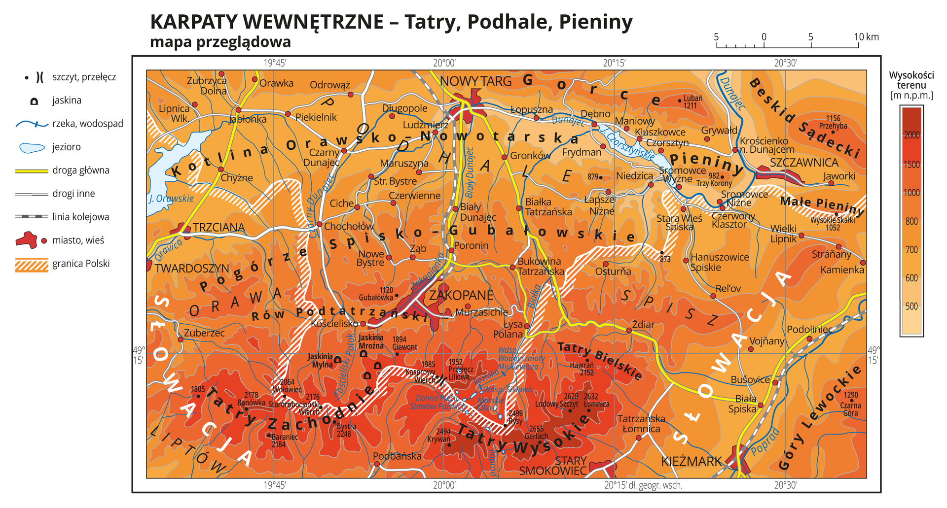 Mapa hipsometryczna Karpat Wewnętrznych. Na dole mapy kolorem czerwonym zaznaczono Tatry Zachodnie i Tatry Wysokie. Po prawej stronie mapy widoczna podziałka hipsometryczna z oznaczonymi wysokościami terenu. Po lewej stronie mapy legenda ze znakami kartograficznymi: szczyt, przełęcz, jaskinia, rzeka, jezioro, droga główna, drogi inne, linia kolejowa, granica Polski.