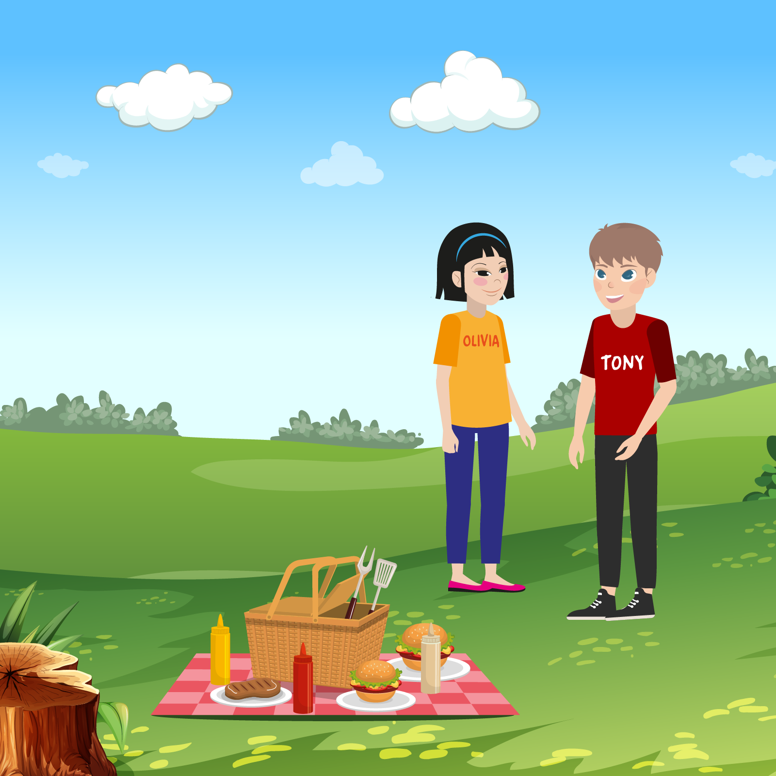 Ilustracja przedstawia dwoje dzieci stojących obok koca piknikowego, na którym znajduje się kosz oraz talerze, na których są hamburgery. 