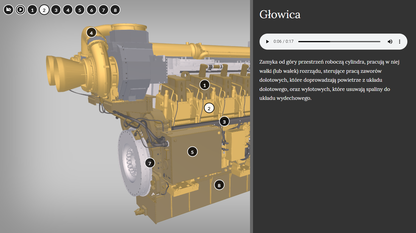 Grafika przedstawia widok na przykładowe okno wizualizacji z otwartym opisem. W centrum widać fragment silnika okrętowego. Po prawej stronie otwarte jest okno z nazwą elementu i jego opisem. Widać tam też odtwarzacz audio pozwalający na odsłuchanie opisu.
