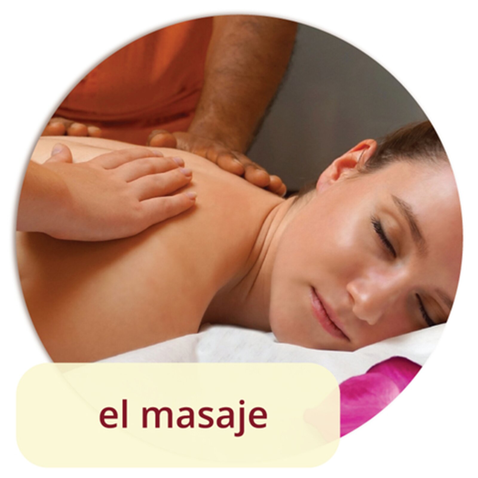 Na grafice widoczna jest kobieta, którą masują dwie osoby. Kobieta leży i ma zamknięte oczy. Pod zdjęciem znajduje się napis el masaje.