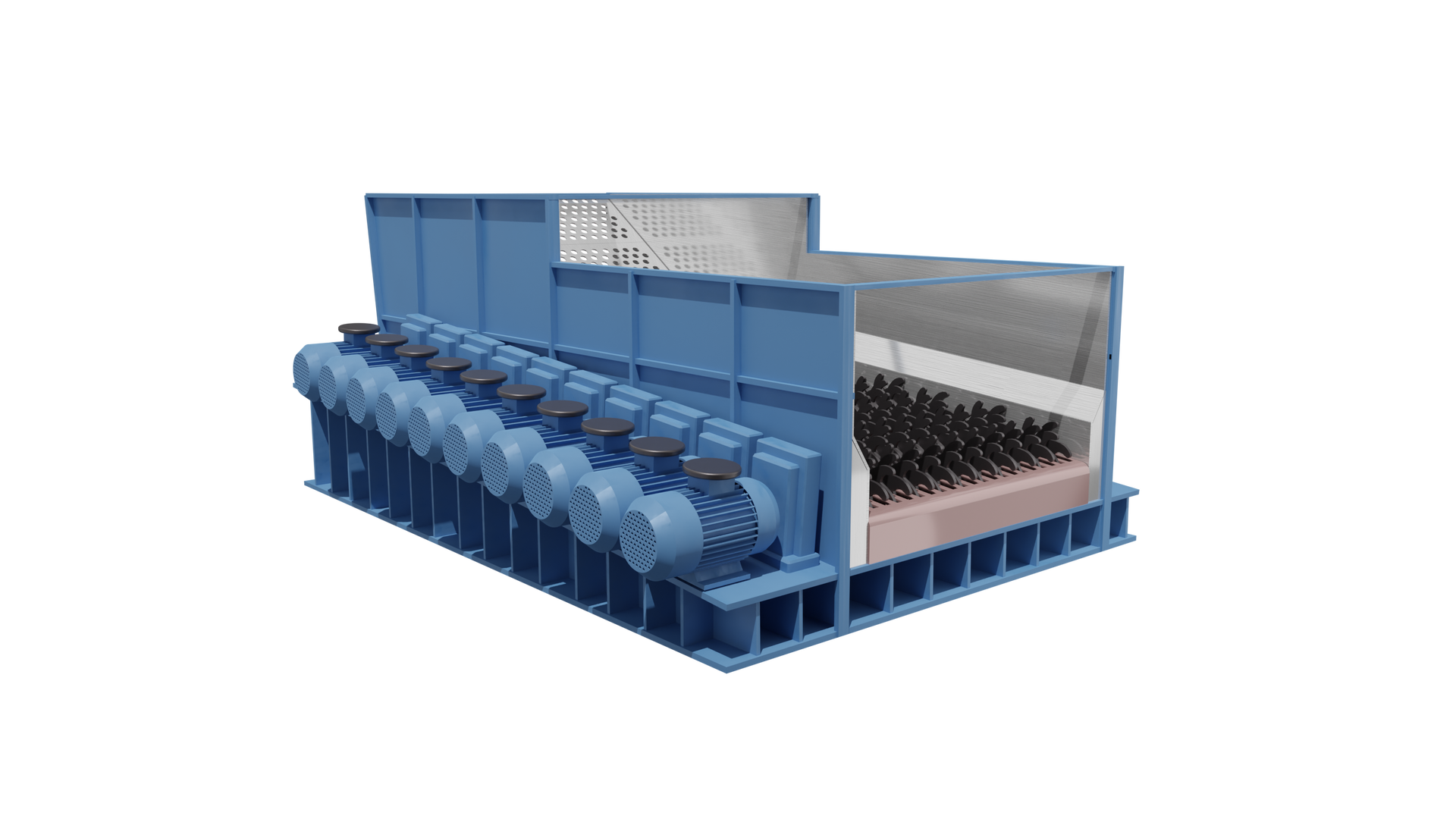 Ilustracja przedstawia model przesiewacza z rusztowinami obrotowymi. Prostopadłościenna rama przesiewacza, pozbawiona górnej ściany, obejmuje rusztowiny. Są one rozmieszczone poprzecznie względem kierunku przemieszczania się nadawy doprowadzonej do sortowania. Osadzone są na wałach napędzanych przez silniki. Rusztowiny posiadają krążki przesiewające. Są to blaszki o określonym kształcie, ułatwiające odsianie. Utworzona przez rusztowiny płaszczyzna nachylona jest względem poziomu pod kątem dwunastu stopni. Rusztowiny obracają się zgodnie z kierunkiem nachylenia, przesuwając tym samym ziarna podczas odsiewania. Z lewej strony zamontowane są silniki, reprezentowane przez cylindryczne poziomo zorientowane elementy. Odpowiadają za ruch obrotowy rusztowin. Poniżej grafiki znajduje się przycisk multimedialny z nagraniem audio. Treść nagrania jest zgodna z tytułem grafiki.