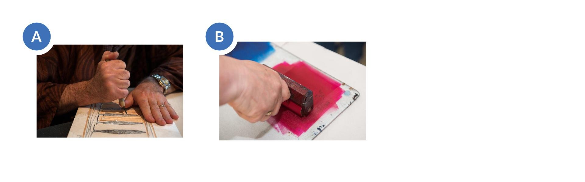 W zadaniu zostały wykorzystane dwa zdjęcia, które przedstawiają procesy wykonywania dzieła graficznego tj. wykonanie matrycy specjalnymi narzędziami i nałożenie farby wałkiem na matrycy.