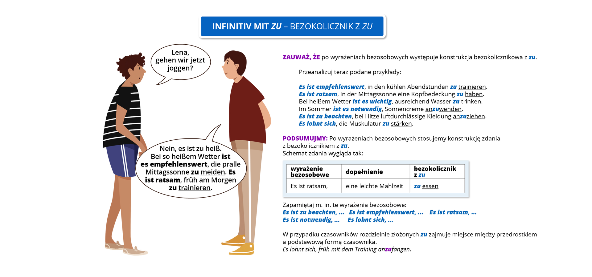 Ilustracja zawiera poradę językową.
Ilustracja o tytule Infinitiv mit zu –bezokolicznik z zu
Znajdują się na niej osoby, które prowadzą dialog. Pierwszy chłopiec ubrany jest w czarną koszulkę w paski i niebieskie spodenki, a drugi ma bordową koszulę i beżowe spodnie.
Pozostałą część ilustracji stanowi tekst, którego treść wyświetla się w trybie dostępności.