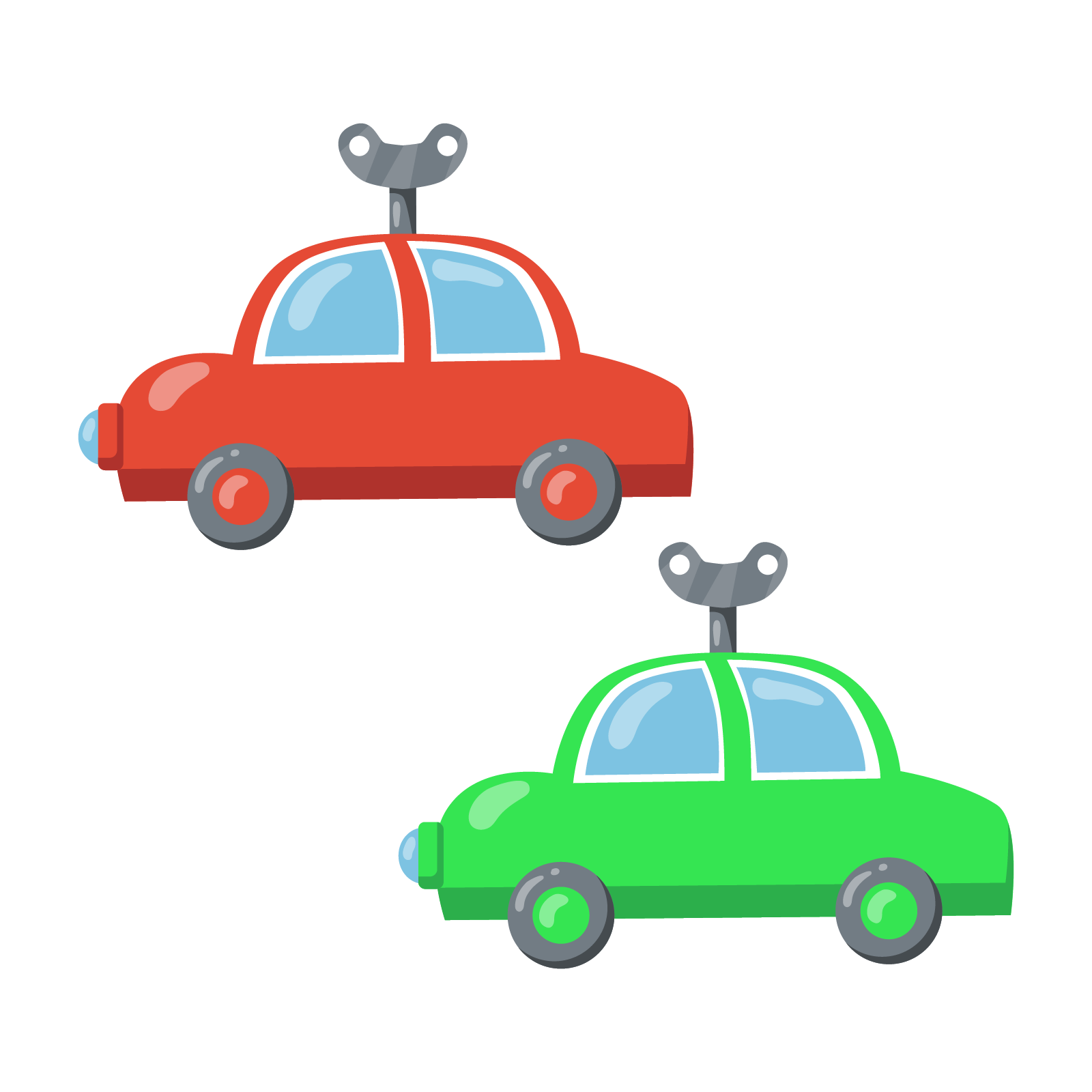 Ilustracja ukazuje dwa nakręcane kluczykami samochody: czerwony i zielony. Kluczyki znajdują się na dachach samochodów. 