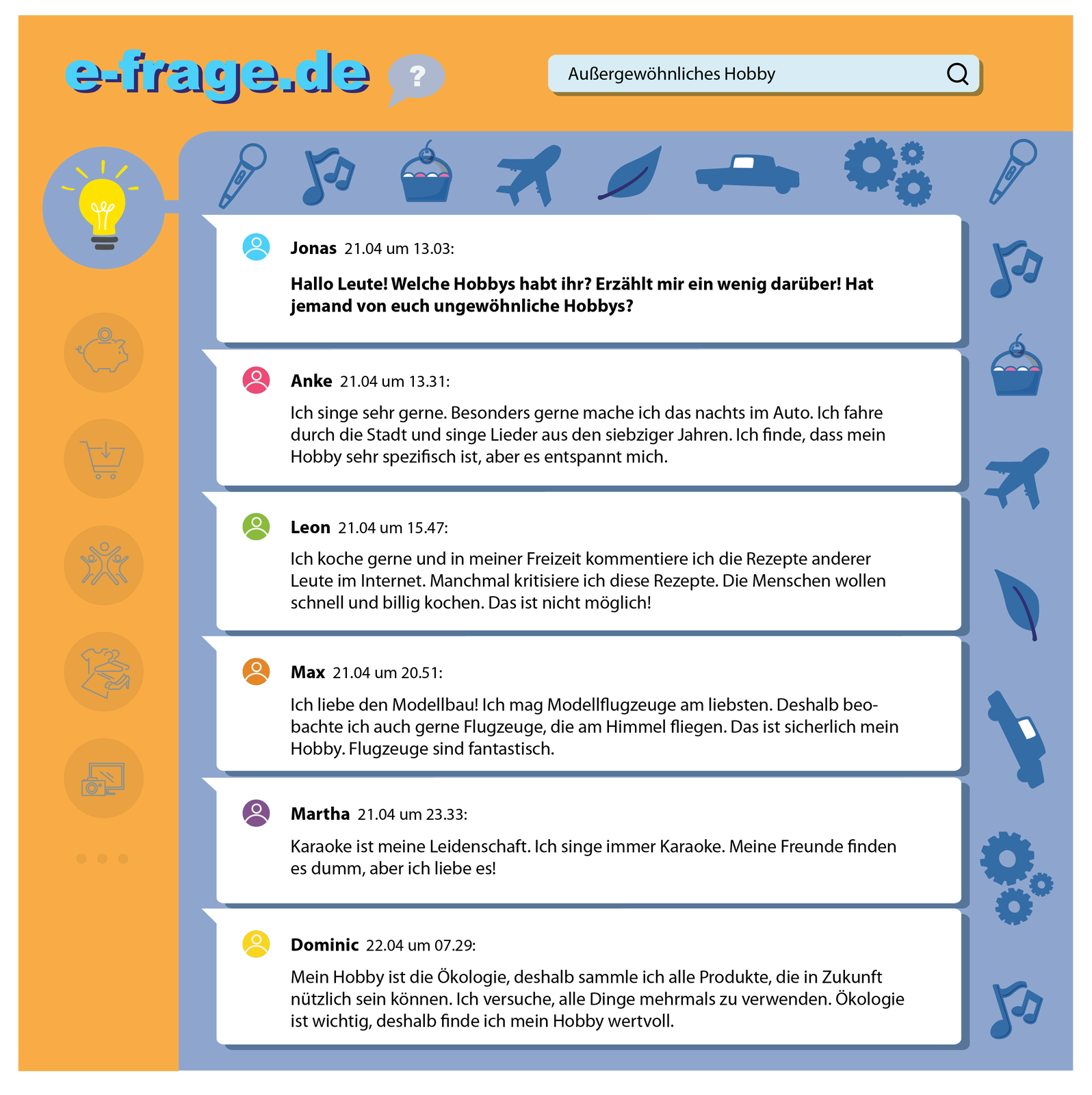 Ilustracja przedstawia rozmowę na forum internetowym. Transkrypcja jest dostępna poniżej.