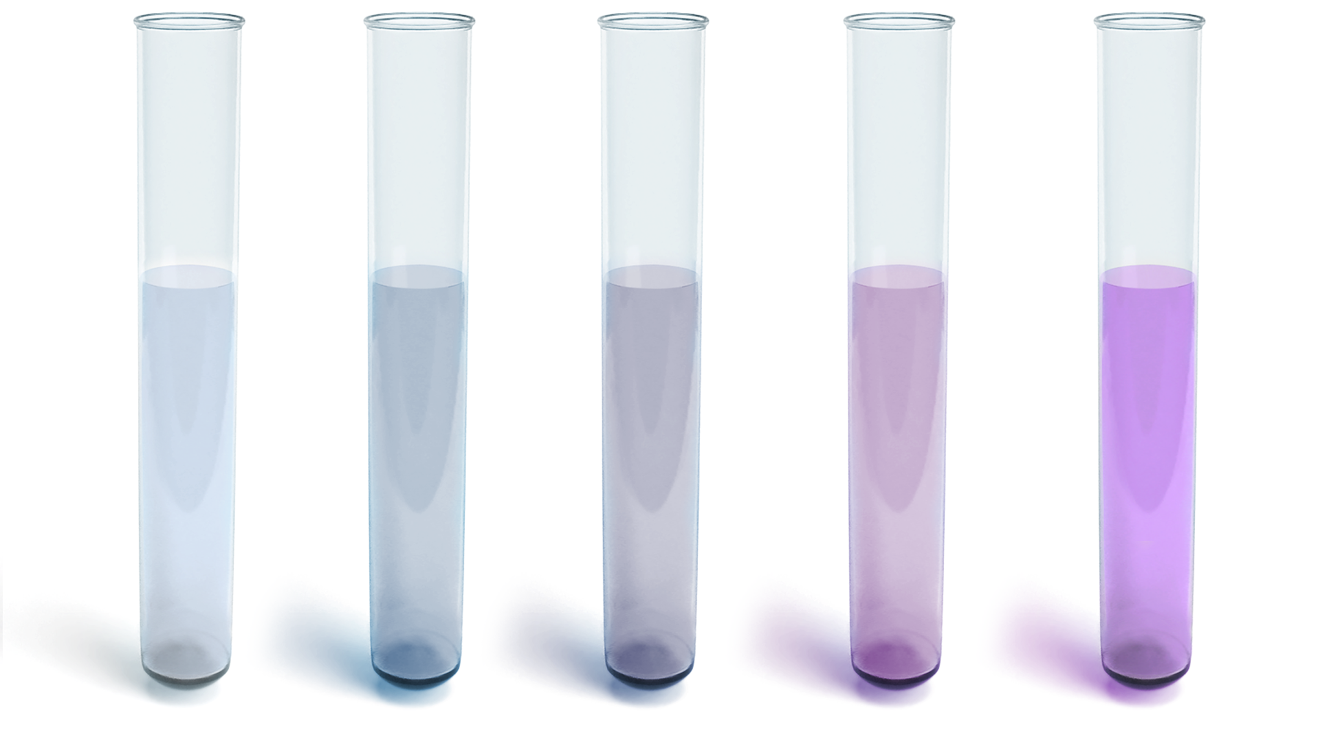 Ilustracja przedstawiająca pięć kolejno ustawionych obok siebie probówek. Wszystkie są wypełnione w trzech czwartych roztworami, od najjaśniejszego po lewej stronie przez bladofioletowe, fiołkowe i wreszcie najbardziej po prawej stronie do koloru fioletowego. 