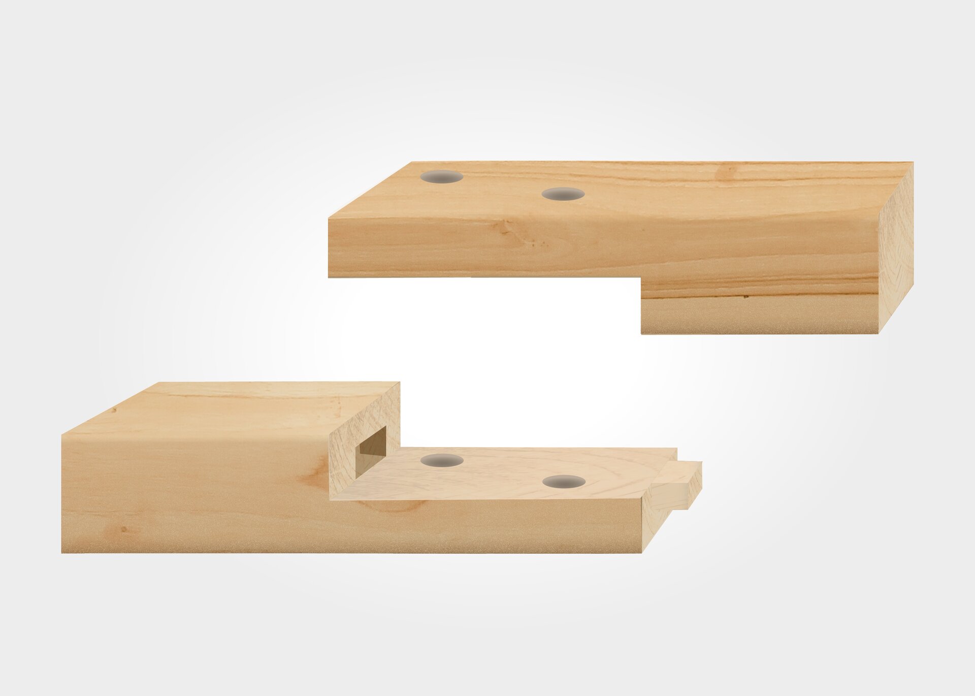 Ilustracja obrazuje złącze wrębowe na zakładkę prostą z czopem ukrytym. Każdy element został wycięty w taki sposób, iż po nałożeniu zakładek tworzy całość, jednak połączenie zostało dodatkowo wzmocnione czopem, czyli wąskim dodatkowym wypustem dopasowanym do kształtu gniazda wyciętego w drugim elemencie. Po połączeniu elementów czopy nie są widoczne. Nad miejscem łączenia znajdują się dwa otwory na śruby.