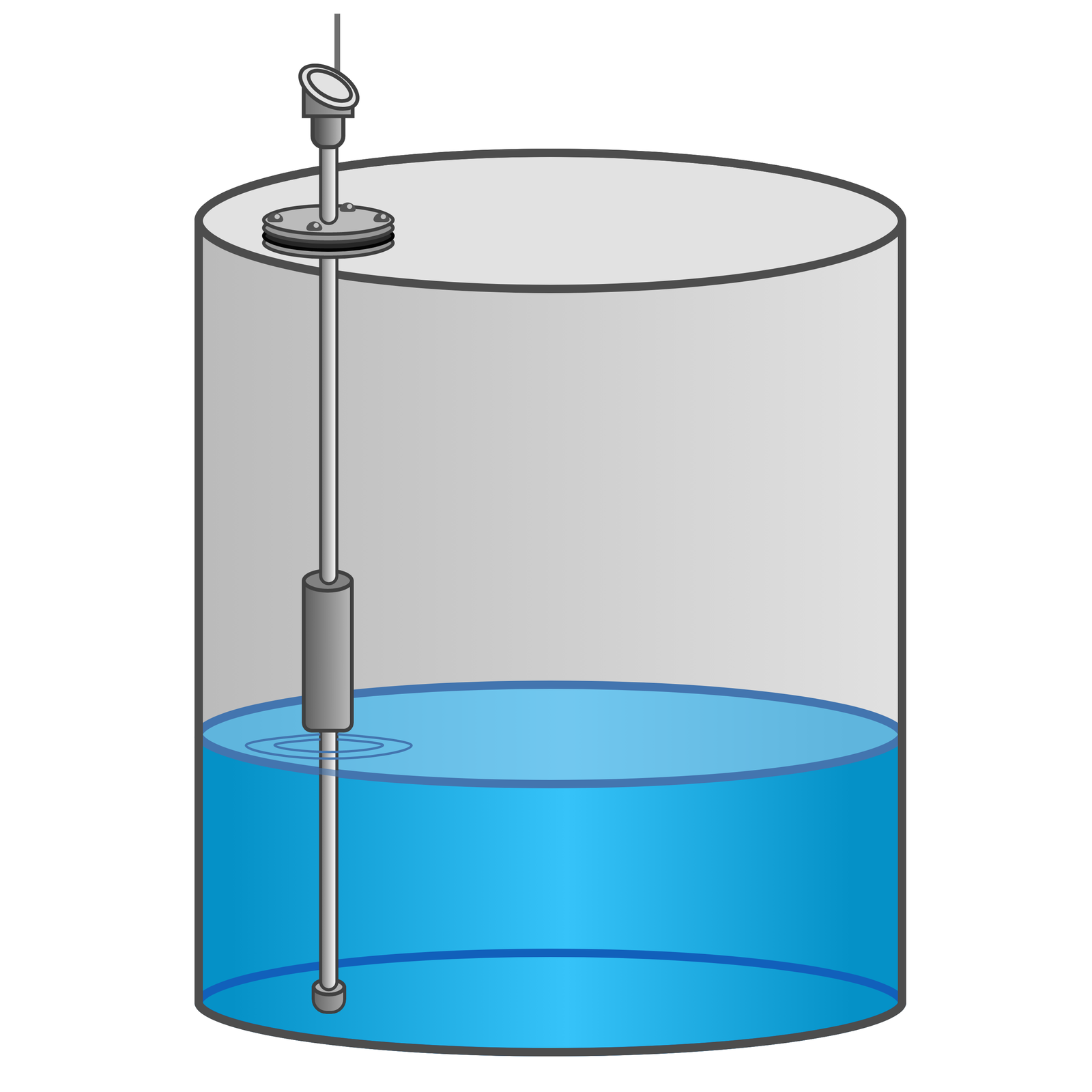 Na zdjęciu przedstawiono pojemnik z zamontowaną sondą pływakową. Sonda pływakowa wykorzystywana jest do ciągłego, dokładnego pomiaru poziomu cieczy w zbiorniku. Sonda montowana jest od góry zbiornika. Na zdjęciu widoczny jest zbiornik o kształcie cylindrycznym. Zbiornik jest w jednej czwartej wypełniony wodą. Z prawej strony górnej pokrywy zbiornika znajduje się otwór przez który poprowadzona jest cienka pionowa rurka. Rurka jest zanurzona w cieczy. Na końcu rurki znajduje się półokrągły element służący do jej zamknięcia. Powyżej poziomu cieczy na rurce zamontowany jest element o kształcie walca. Jest to pływak. Powyżej pokrywy zbiornika widoczne jest zakończenie rurki od którego biegnie przewód.
