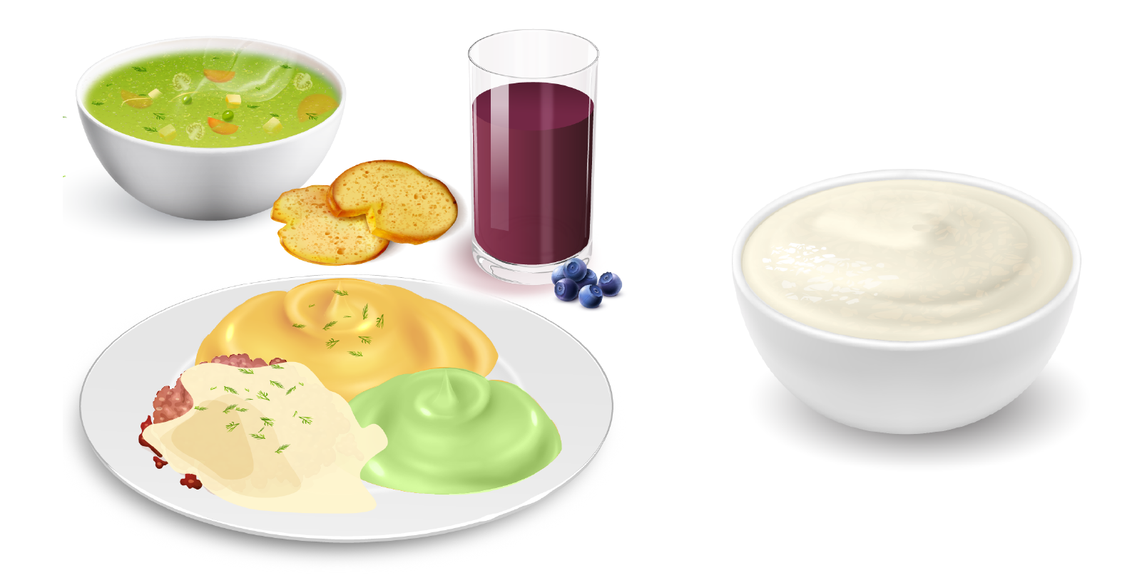 Grafika przedstawia przykładowe składniki diety łatwostrawnej z modyfikacjami konsystencji. Od lewej widać biały talerz z dwoma kolistymi substancjami w kolorze żółtym i pistacjowym oraz nieregularną plamę w kolorze jasnożółtym z drobnymi zielonymi kreseczkami symbolizującymi szczypiorek. Powyżej miseczka z zieloną parującą substancją - zupą, na prawo od niej dwie kromki suchego chleba. Na prawo wysoka szklanka z fioletowym wypełnieniem, obok której widać kilka jagód. Na prawo miseczka z kaszą.