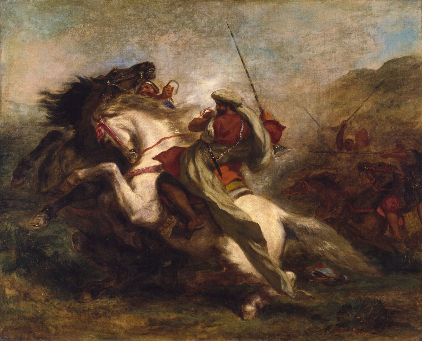 Obraz przedstawia scenę walki dwóch mężczyzn na koniach. Jeden z mężczyzn jedzie na białym koniu, drugi na karym. Mężczyźni walczą ze sobą wręcz. Unosi się nad nimi pył. W tle są także inni walczący.