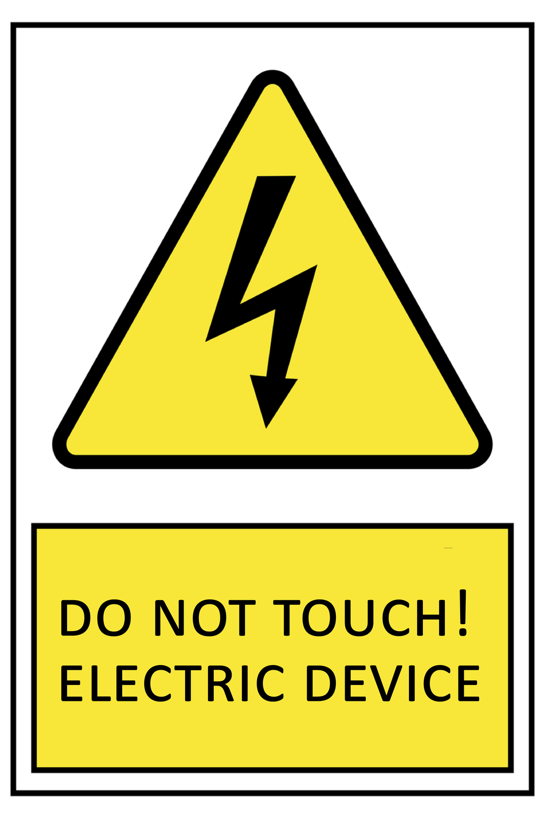 Fotografia przedstawia znak ostrzeżenia przed urządzeniami elektrycznymi. Jest to żółty trójkąt z czarnym piorunem w kształcie przypominającym cyfrę cztery. Trójkąt ma czarne obramowanie. Pod spodem jest napis na żółtym tle: Do not touch! Electric device