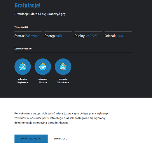 Ekran podsumowania w grze edukacyjnej w przypadku zaliczenia wszystkich misji.