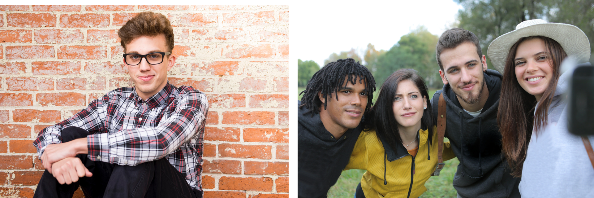 Ilustracja składa się z dwóch zdjęć. Zdjęcie po lewej stronie przedstawia nastolatka w okularach. Chłopak siedzi oparty o ścianę z cegieł. Zdjęcie po prawej stronie przedstawia czworo młodych ludzi. Dwie dziewczyny i dwóch chłopaków. Dziewczyna pierwsza z prawej na zdjęciu nosi kapelusz.