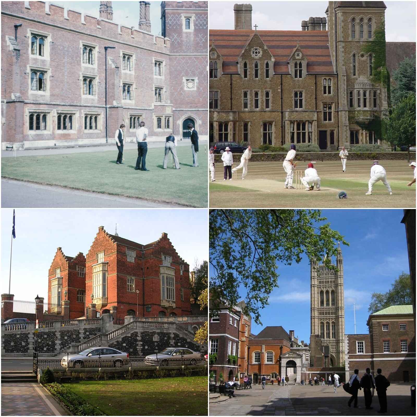 Ilustracja zawiera cztery fotografie szkół w Wielkiej Brytanii. Pierwsza fotografia od lewej to szkoła w Eton, Widoczny jest trawnik przed budynkiem , na którym stoi czterech młodzieńców w szkolnych mundurkach, jeden przygotowuje się do oddania strzału w golfa. Druga fotografia przedstawia budynek szkoły w Winchester.  Na dziedzińcu szkoły kilku chłopców oddaje się z zapałem grze w krykieta. Ubrani są w białe, tradycyjne  stroje. Trzecie zdjęcie to front budynku szkoły Harrow, ujęcie obejmuje wejście do szkoły wykonane z pewnej odległości. Czwarta fotografia to charakterystyczna wieża szkoły Westmister. Widoczny jest dziedziniec, na którym przebywają uczniowie.