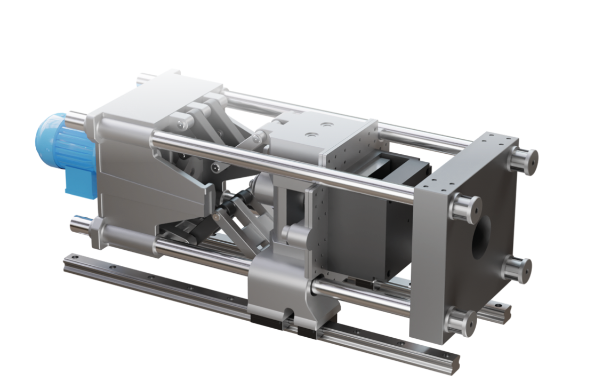 Na ilustracji jest układ kolanowy. Przedstawia mechanizm urządzenia składający się z czterech metalowych prętów ułożonych symetrycznie. Wewnątrz utworzonego w ten sposób stelażu znajdują się ruchome ramiona połączone ze sobą sworzniami oraz z płytą stołu ruchomego. Stół ruchomy połączony jest z ruchomym wózkiem osadzonym na spłaszczonej prowadnicy. Napęd urządzenia znajduje się na jego szczycie, poza stelażem.