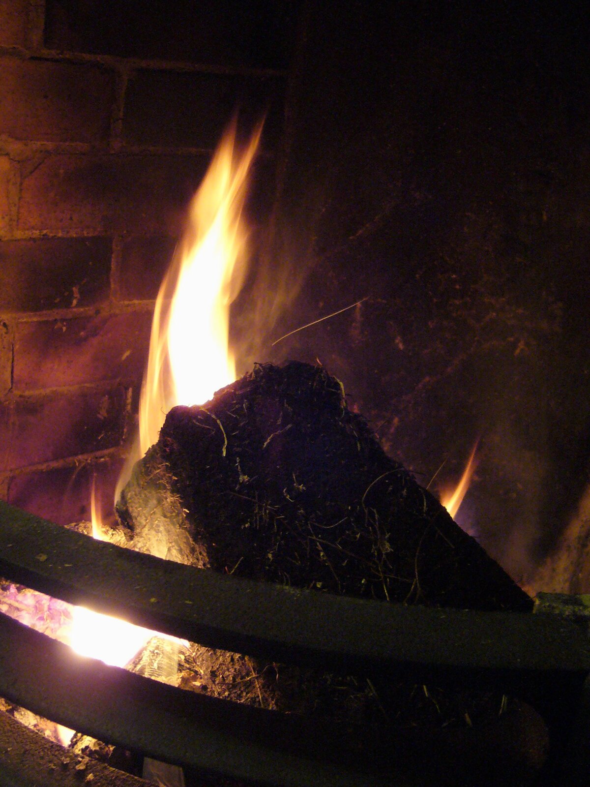 Fotografia przedstawiająca palenisko w kominku z płonącą bryłą torfu jako materiałem opałowym.