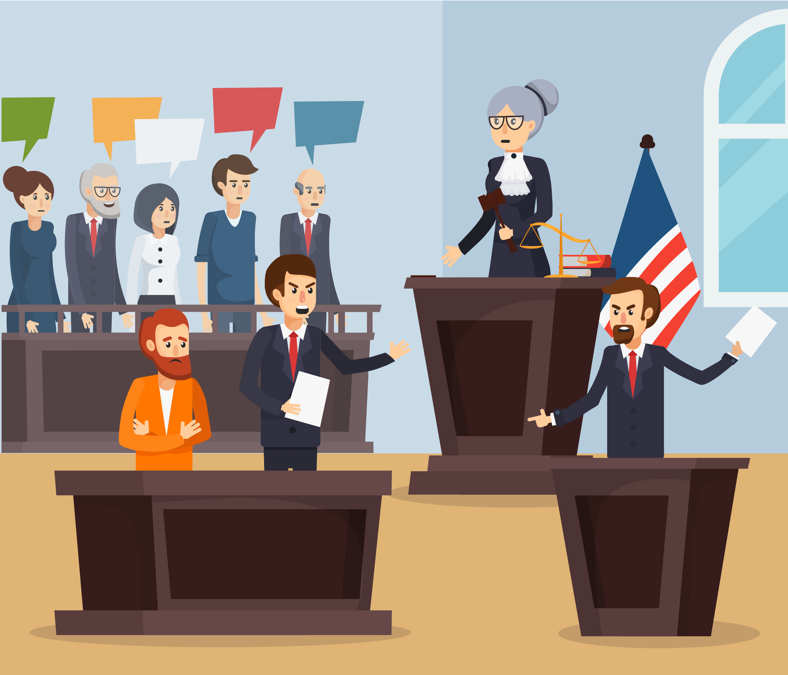 Ilustracja przedstawia salę sądową, na której odbywa się rozprawa. Widoczna jest ława przysięgłych, sędzia, oskarżony, adwokat. Na mównicy stoi osoba składająca zeznania.