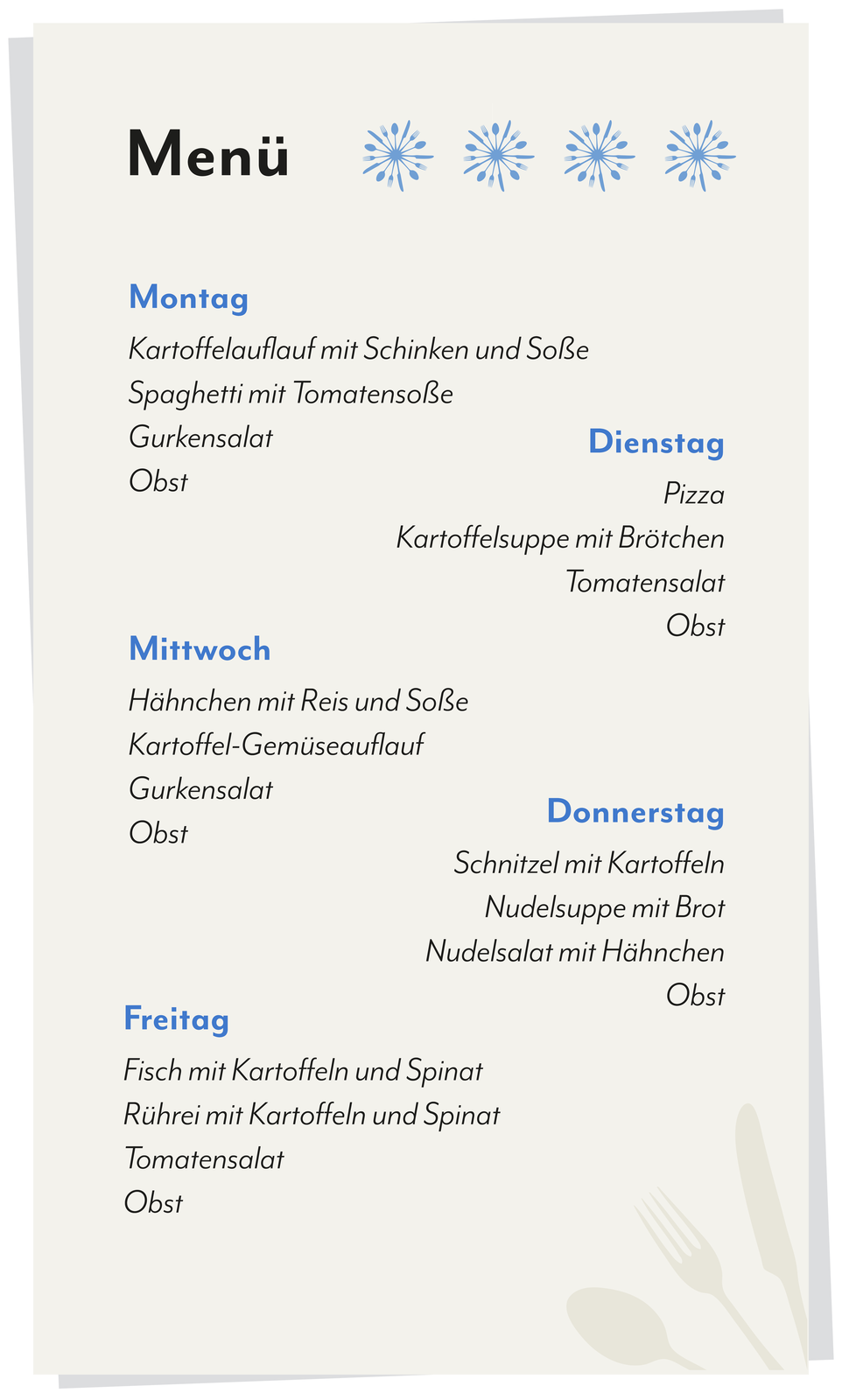 Ilustracja przedstawia menu ozdobione różnymi grafikami sztućców. Transkrypcja menu dostępna jest poniżej.