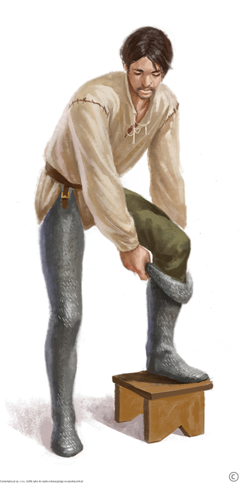 Na rysunku mężczyzna stoi z jedną nogą wspartą na taborecie. Ubrany jest w koszulę i spodnie. Naciąga na stopy nogawicę. Nogawice wykonane z plecionki kolczej. 