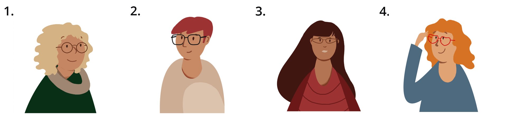 Ilustracja przedstawia trzy kobiety i jednego mężczyznę noszących okulary. Pierwsza kobieta nosi okrągłe brązowe oprawki, druga osoba to mężczyzna noszący okulary kwadratowe w kolorze czarnym, trzecia kobieta wybiera oprawki w kształcie trójkątów w kolorze brązowym, a czwarta nosi okulary, których oprawki mają kształt serca i są czerwone.