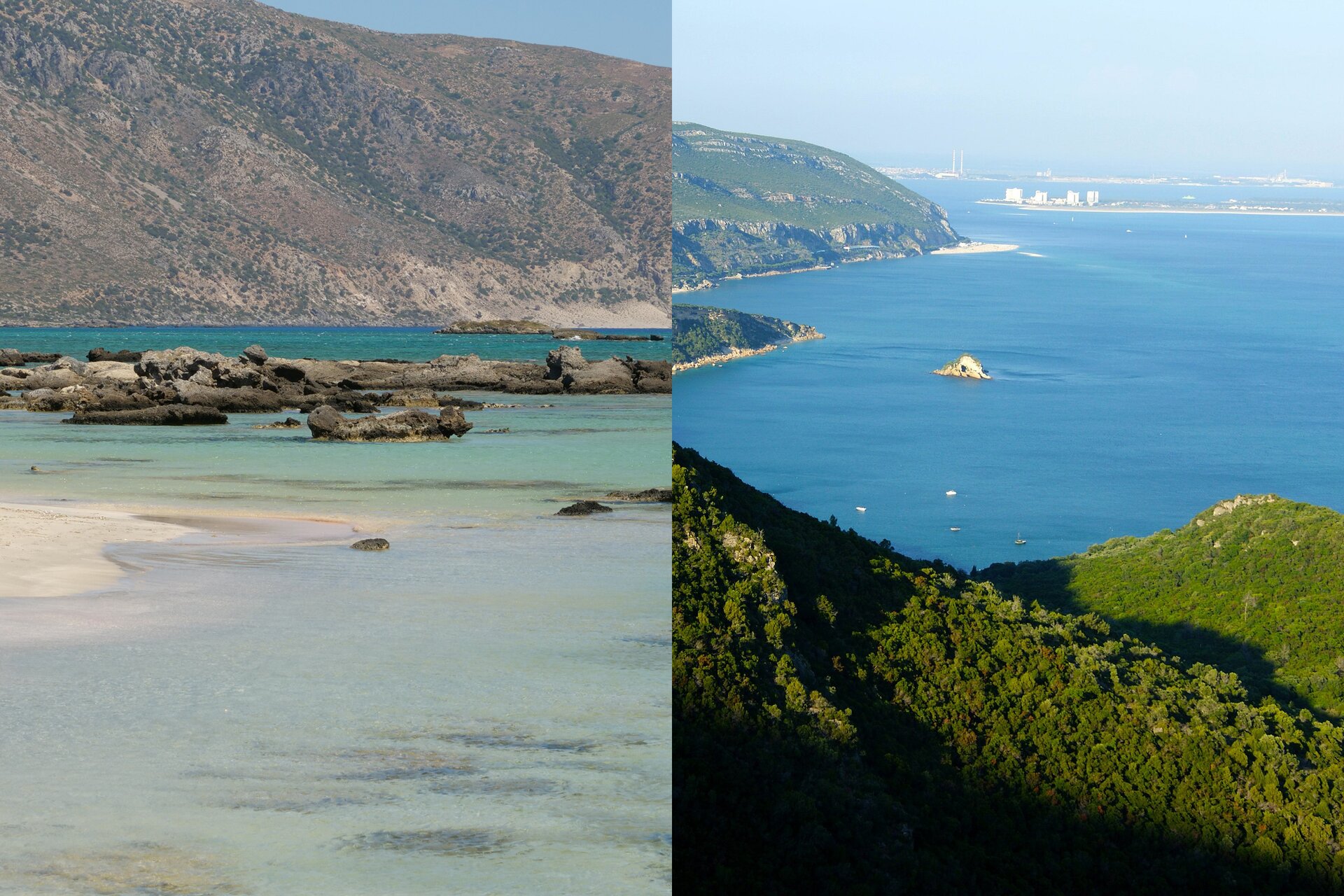 Ilustracja składa się z dwóch zdjęć. Na zdjęciu po lewej stronie widoczny jest brzeg zbiornika wodnego z fragmentem łachy piasku i niskimi skałami wchodzącymi w wodę w kolorze zielono‑żółtym. W tle widoczne jest wysokie, skaliste wyniesienie, rzadko porośnięte roślinami. Na zdjęciu po prawej stronie widoczna jest zatoka zbiornika wodnego oraz wysokie, zielone wzgórza, które schodzącą do niebieskiej wody.  