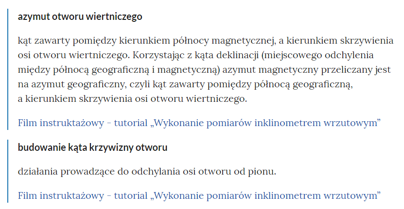 Widok pojęć w słowniku i linków przekierowujących do odpowiednich materiałów multimedialnych