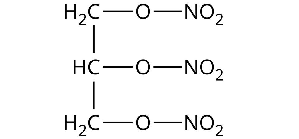 Ilustracja przedstawiająca wzór półstrukturalny nitrogliceryny, to jest triazotanu(pięć) propano-jeden,dwa,trzy--triolu zbudowanego z trójwęglowego łańcucha składającego się z grupy C H indeks dolny, dwa, koniec indeksu dolnego połączonej z grupą C H związaną z grupą C H indeks dolny, dwa, koniec indeksu dolnego. Każda z grup podstawiona jest jednym atomem tlenu, z których każdy związany jest z grupą N O indeks dolny, dwa, koniec indeksu dolnego.